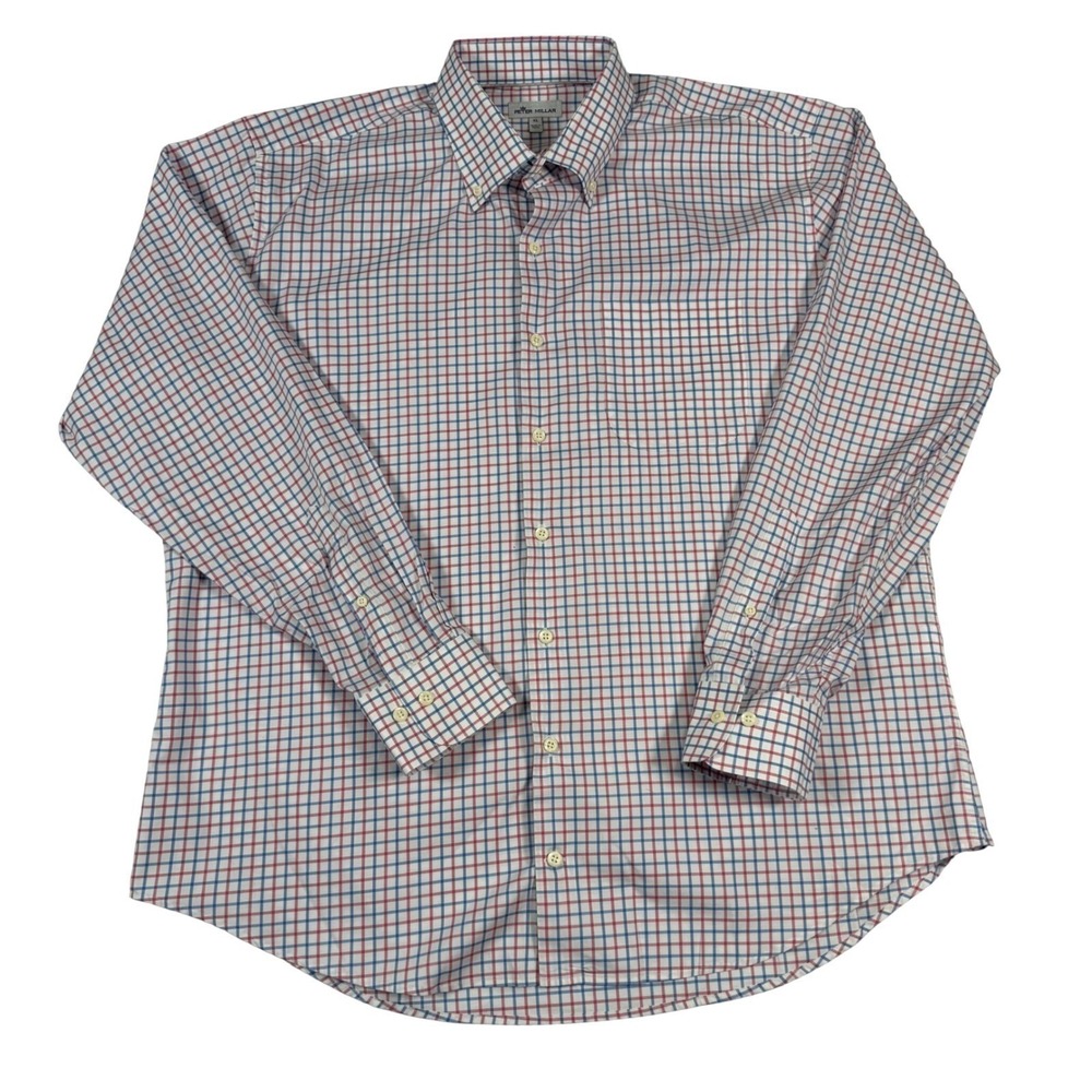 Peter Millar Mens XL Red Blue Tattersall Check Button Down Shirt Cotton Stretch